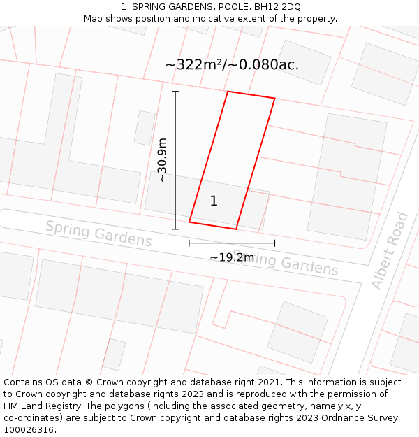 1, SPRING GARDENS, POOLE, BH12 2DQ: Plot and title map