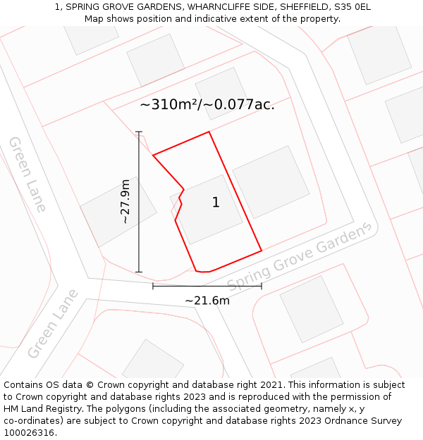 1, SPRING GROVE GARDENS, WHARNCLIFFE SIDE, SHEFFIELD, S35 0EL: Plot and title map