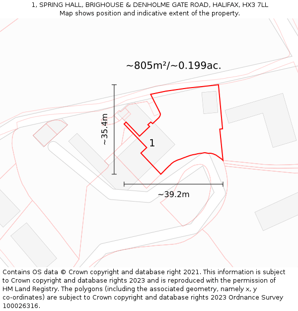 1, SPRING HALL, BRIGHOUSE & DENHOLME GATE ROAD, HALIFAX, HX3 7LL: Plot and title map