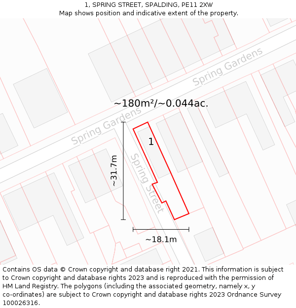 1, SPRING STREET, SPALDING, PE11 2XW: Plot and title map