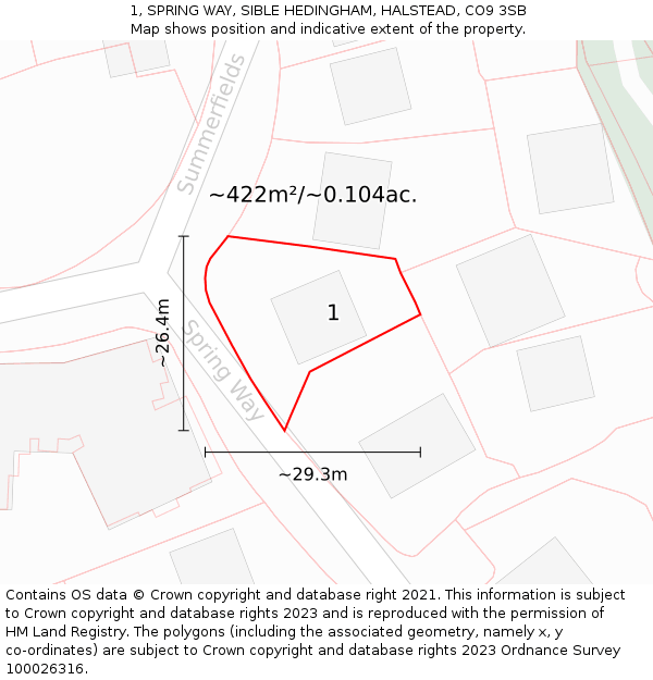 1, SPRING WAY, SIBLE HEDINGHAM, HALSTEAD, CO9 3SB: Plot and title map