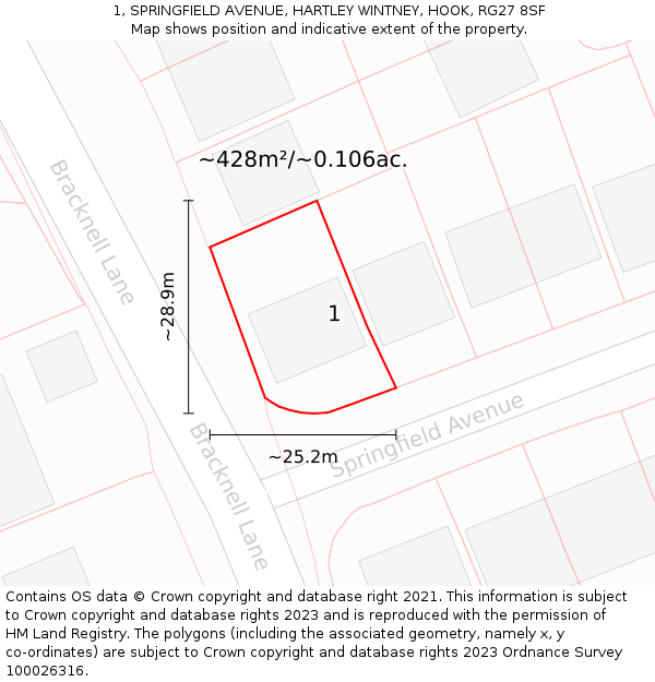 1, SPRINGFIELD AVENUE, HARTLEY WINTNEY, HOOK, RG27 8SF: Plot and title map