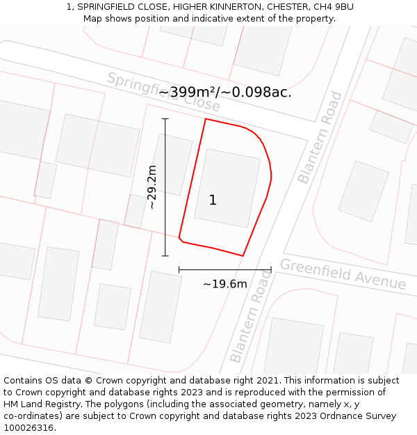 1, SPRINGFIELD CLOSE, HIGHER KINNERTON, CHESTER, CH4 9BU: Plot and title map