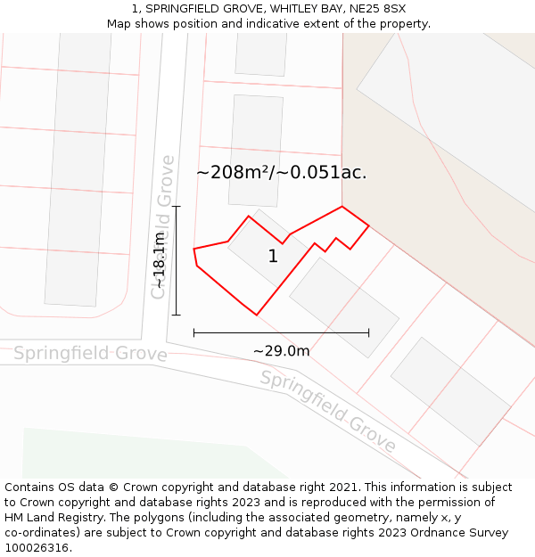 1, SPRINGFIELD GROVE, WHITLEY BAY, NE25 8SX: Plot and title map