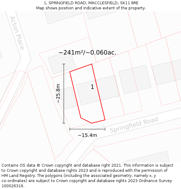 1, SPRINGFIELD ROAD, MACCLESFIELD, SK11 8RE: Plot and title map