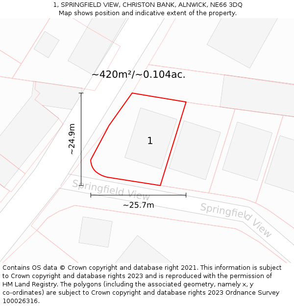 1, SPRINGFIELD VIEW, CHRISTON BANK, ALNWICK, NE66 3DQ: Plot and title map