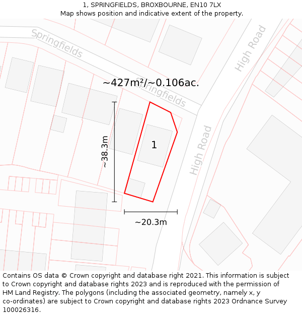 1, SPRINGFIELDS, BROXBOURNE, EN10 7LX: Plot and title map