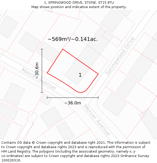 1, SPRINGWOOD DRIVE, STONE, ST15 8TU: Plot and title map