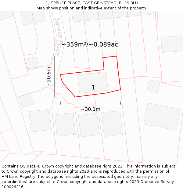 1, SPRUCE PLACE, EAST GRINSTEAD, RH19 3LU: Plot and title map