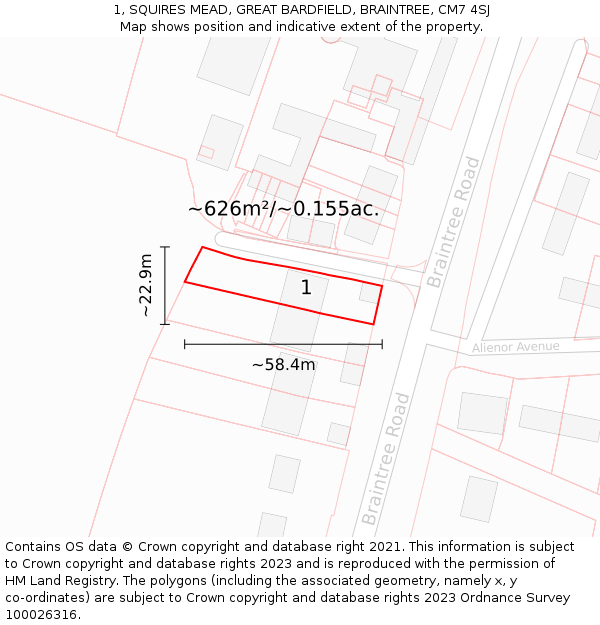 1, SQUIRES MEAD, GREAT BARDFIELD, BRAINTREE, CM7 4SJ: Plot and title map