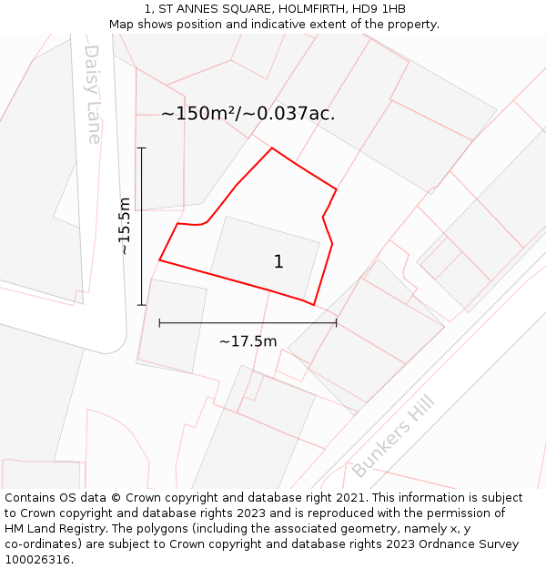 1, ST ANNES SQUARE, HOLMFIRTH, HD9 1HB: Plot and title map