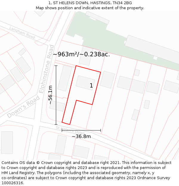 1, ST HELENS DOWN, HASTINGS, TN34 2BG: Plot and title map