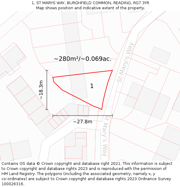 1, ST MARYS WAY, BURGHFIELD COMMON, READING, RG7 3YR: Plot and title map