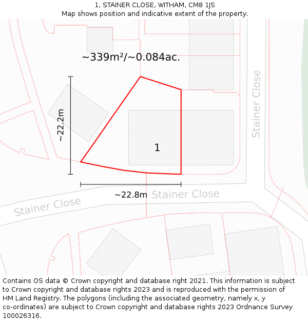 1, STAINER CLOSE, WITHAM, CM8 1JS: Plot and title map