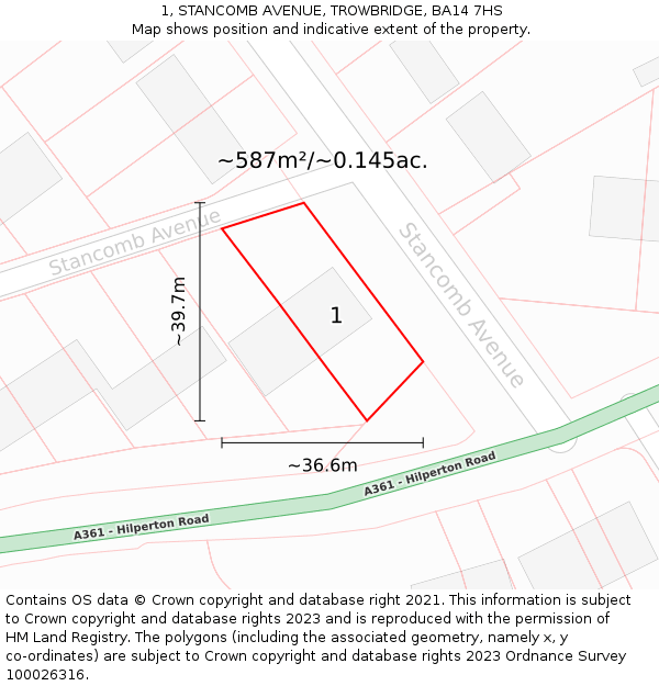 1, STANCOMB AVENUE, TROWBRIDGE, BA14 7HS: Plot and title map