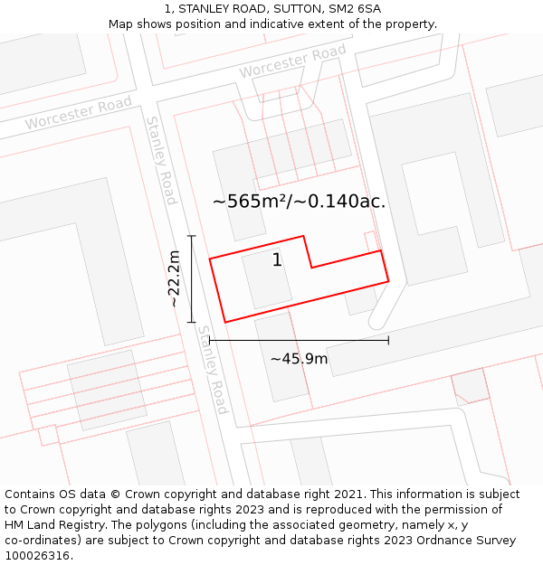 1, STANLEY ROAD, SUTTON, SM2 6SA: Plot and title map