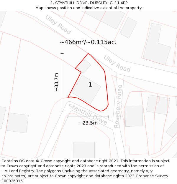 1, STANTHILL DRIVE, DURSLEY, GL11 4PP: Plot and title map