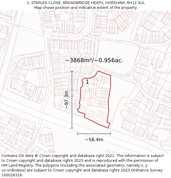 1, STAPLES CLOSE, BROADBRIDGE HEATH, HORSHAM, RH12 3UL: Plot and title map