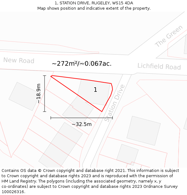 1, STATION DRIVE, RUGELEY, WS15 4DA: Plot and title map