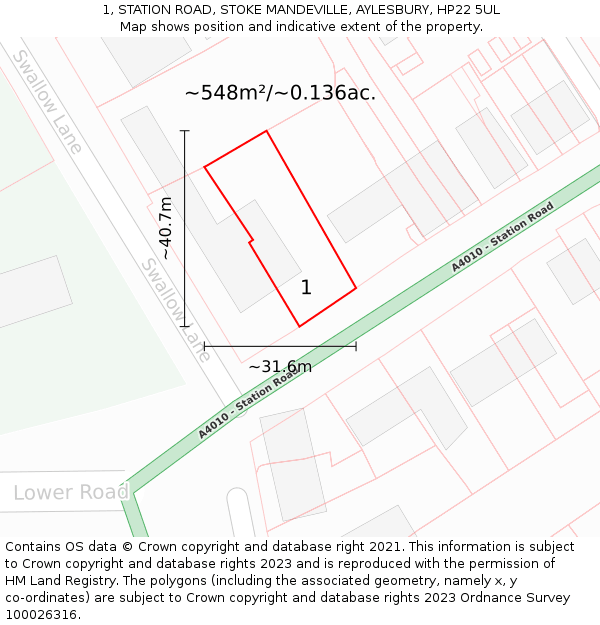 1, STATION ROAD, STOKE MANDEVILLE, AYLESBURY, HP22 5UL: Plot and title map