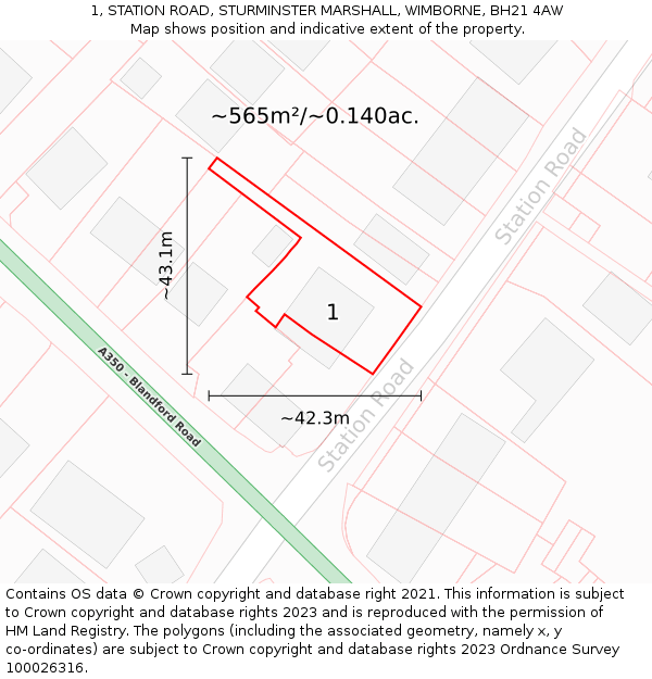 1, STATION ROAD, STURMINSTER MARSHALL, WIMBORNE, BH21 4AW: Plot and title map