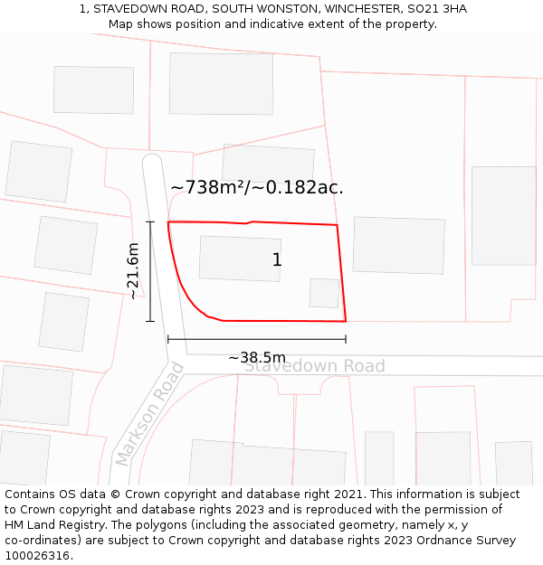 1, STAVEDOWN ROAD, SOUTH WONSTON, WINCHESTER, SO21 3HA: Plot and title map