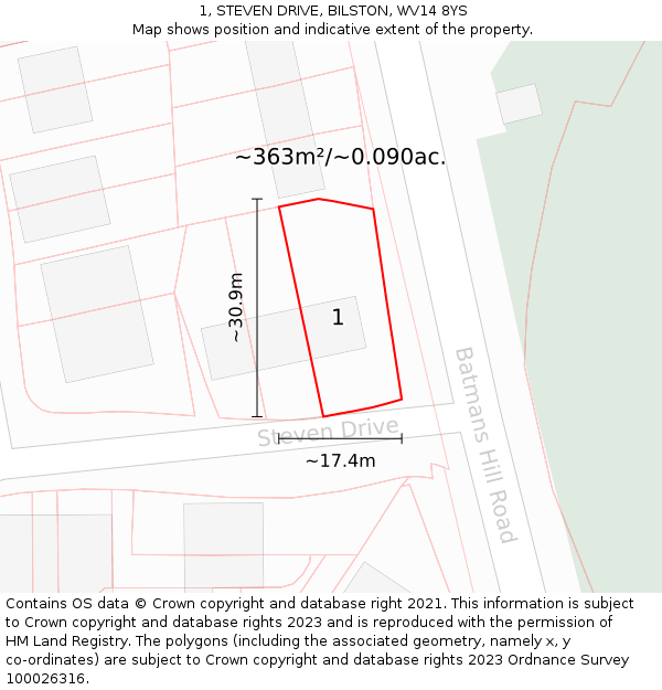 1, STEVEN DRIVE, BILSTON, WV14 8YS: Plot and title map