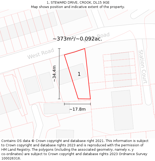 1, STEWARD DRIVE, CROOK, DL15 9GE: Plot and title map