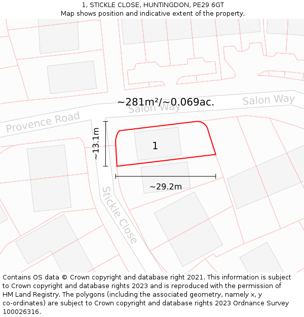 1, STICKLE CLOSE, HUNTINGDON, PE29 6GT: Plot and title map