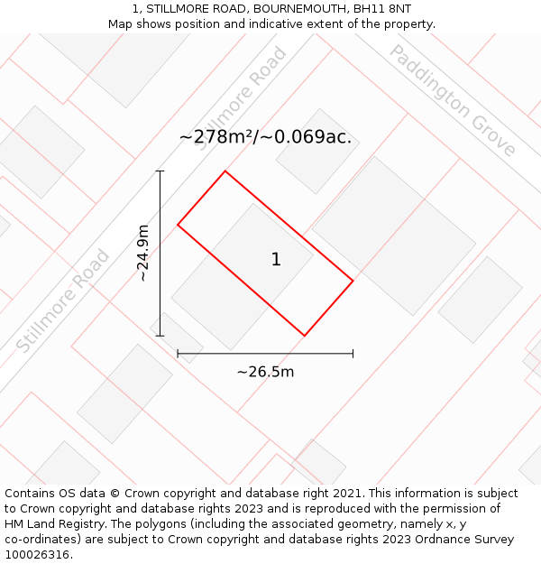 1, STILLMORE ROAD, BOURNEMOUTH, BH11 8NT: Plot and title map