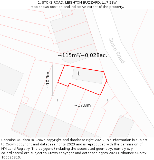 1, STOKE ROAD, LEIGHTON BUZZARD, LU7 2SW: Plot and title map