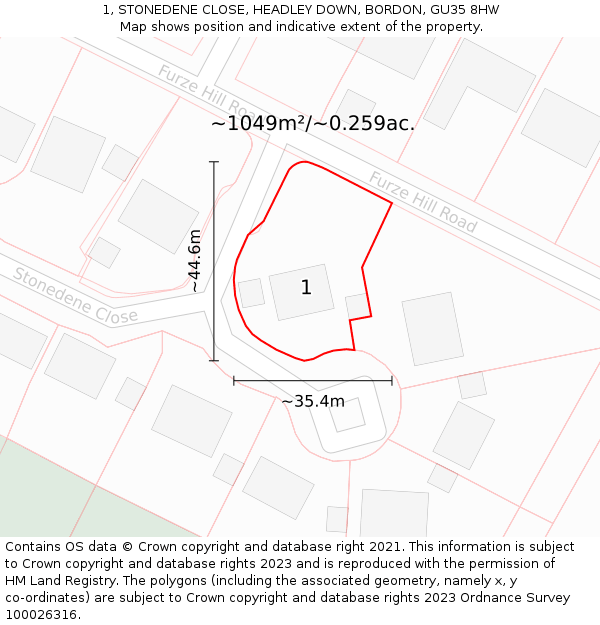 1, STONEDENE CLOSE, HEADLEY DOWN, BORDON, GU35 8HW: Plot and title map
