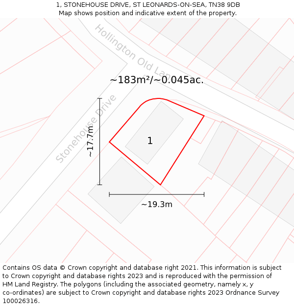 1, STONEHOUSE DRIVE, ST LEONARDS-ON-SEA, TN38 9DB: Plot and title map