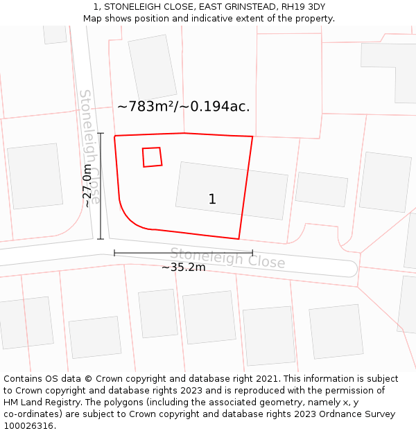 1, STONELEIGH CLOSE, EAST GRINSTEAD, RH19 3DY: Plot and title map