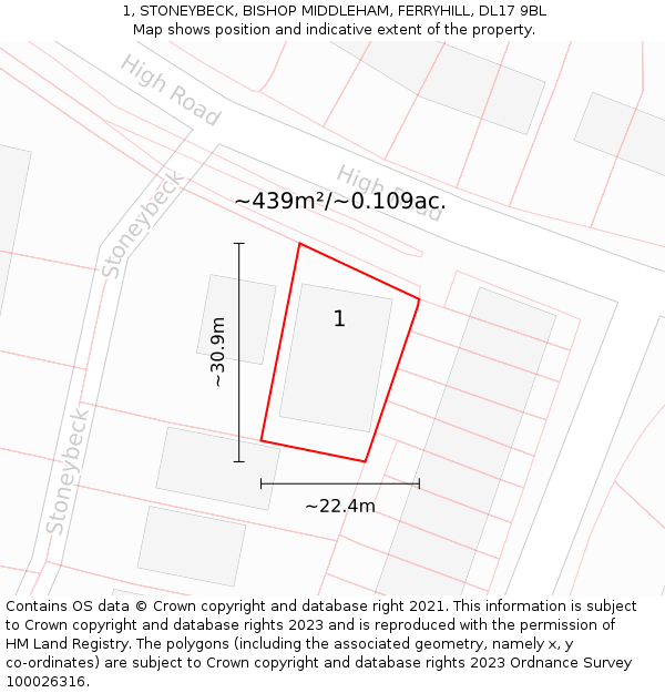 1, STONEYBECK, BISHOP MIDDLEHAM, FERRYHILL, DL17 9BL: Plot and title map