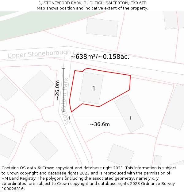 1, STONEYFORD PARK, BUDLEIGH SALTERTON, EX9 6TB: Plot and title map