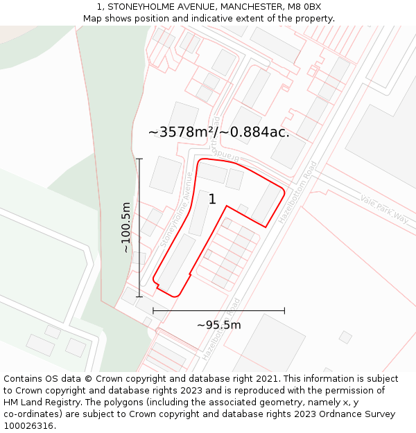 1, STONEYHOLME AVENUE, MANCHESTER, M8 0BX: Plot and title map