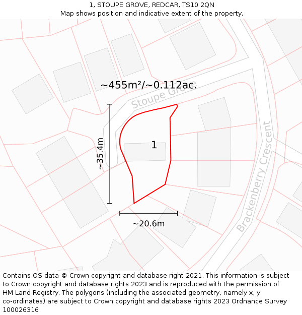 1, STOUPE GROVE, REDCAR, TS10 2QN: Plot and title map