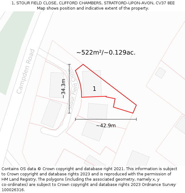 1, STOUR FIELD CLOSE, CLIFFORD CHAMBERS, STRATFORD-UPON-AVON, CV37 8EE: Plot and title map