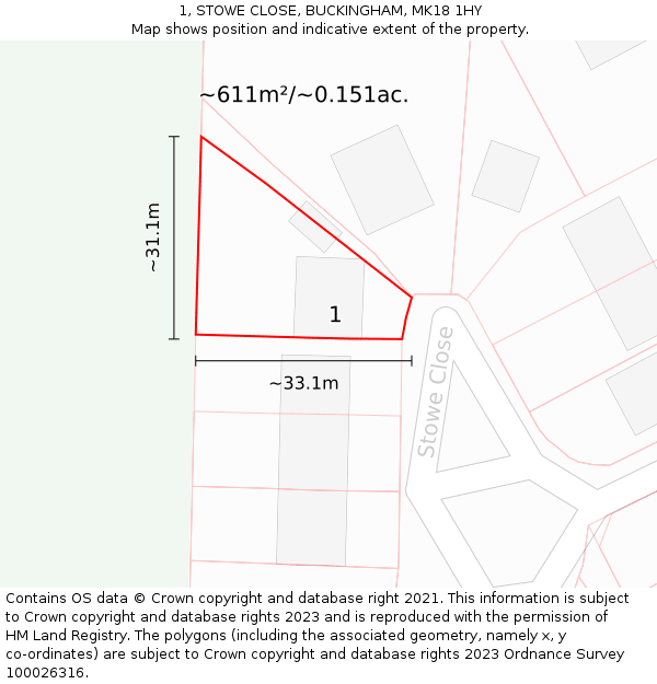 1, STOWE CLOSE, BUCKINGHAM, MK18 1HY: Plot and title map