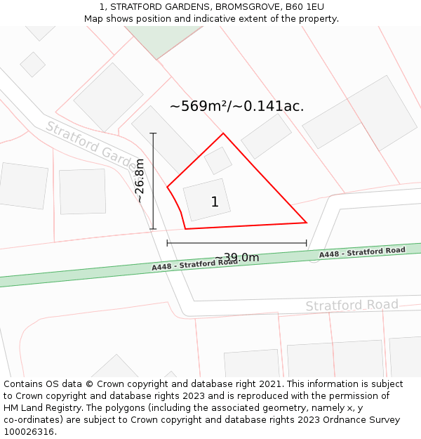 1, STRATFORD GARDENS, BROMSGROVE, B60 1EU: Plot and title map