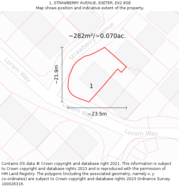 1, STRAWBERRY AVENUE, EXETER, EX2 8GE: Plot and title map