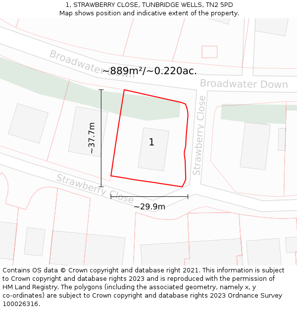 1, STRAWBERRY CLOSE, TUNBRIDGE WELLS, TN2 5PD: Plot and title map