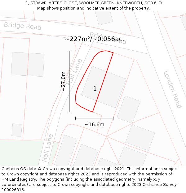 1, STRAWPLAITERS CLOSE, WOOLMER GREEN, KNEBWORTH, SG3 6LD: Plot and title map