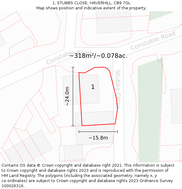 1, STUBBS CLOSE, HAVERHILL, CB9 7GL: Plot and title map