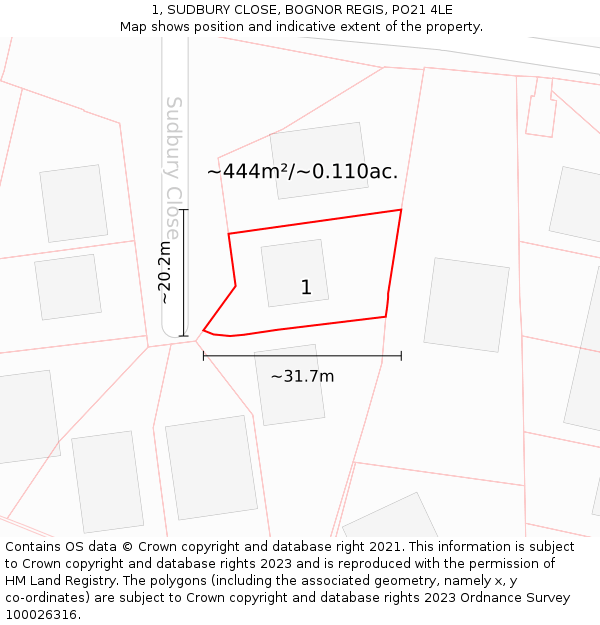 1, SUDBURY CLOSE, BOGNOR REGIS, PO21 4LE: Plot and title map