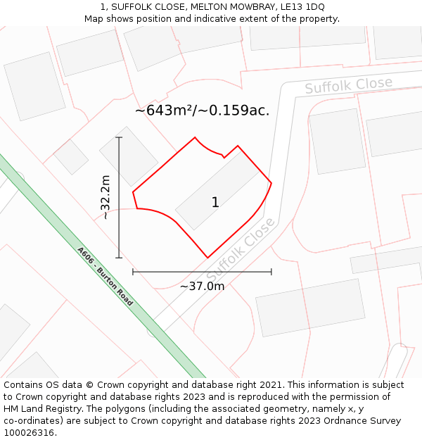 1, SUFFOLK CLOSE, MELTON MOWBRAY, LE13 1DQ: Plot and title map