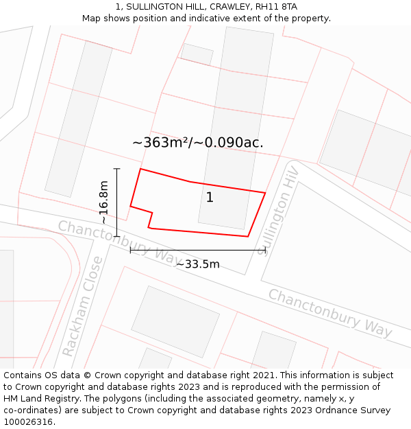 1, SULLINGTON HILL, CRAWLEY, RH11 8TA: Plot and title map