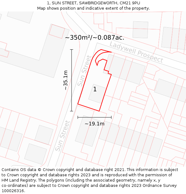 1, SUN STREET, SAWBRIDGEWORTH, CM21 9PU: Plot and title map