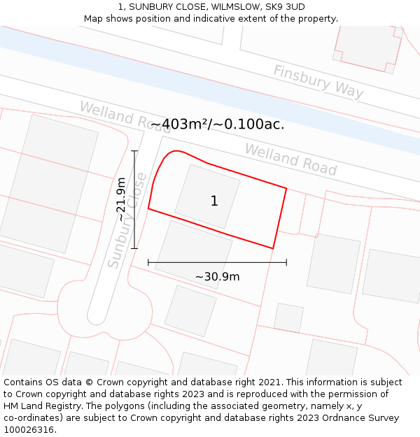 1, SUNBURY CLOSE, WILMSLOW, SK9 3UD: Plot and title map